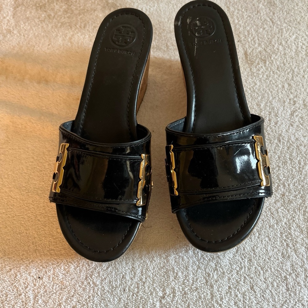 Tory Burch Black Patent Slide Mules with Gold Logo Accents